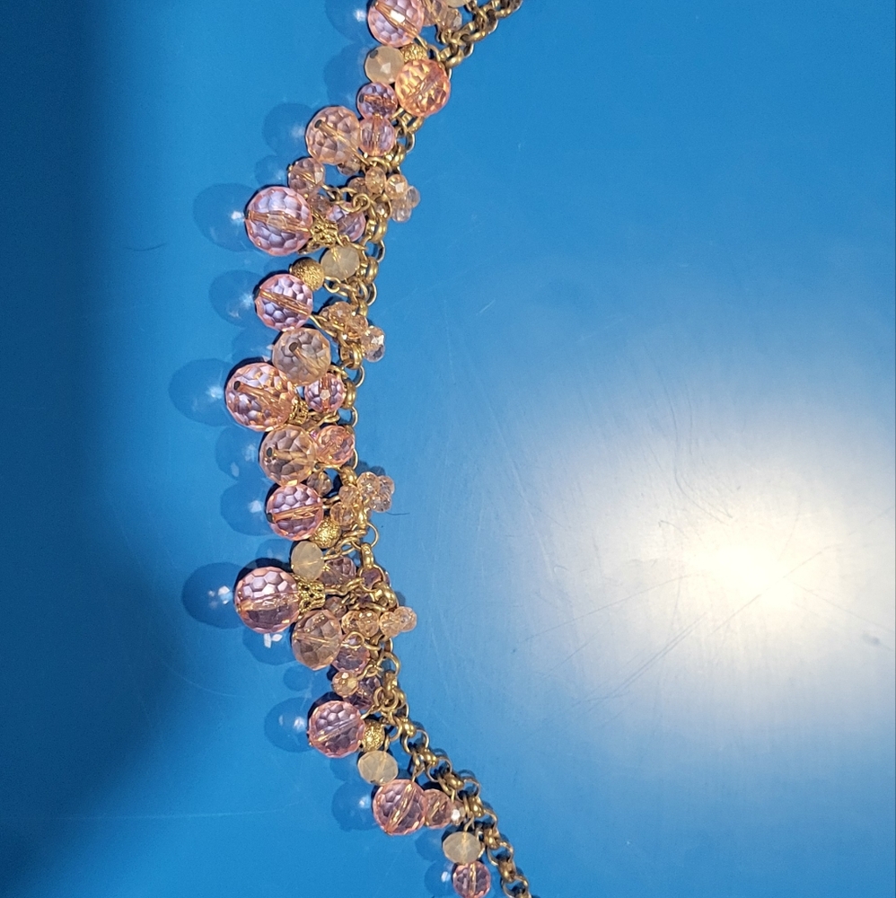 Gold Chain Beaded Pink Crystal Necklace Layered Textured Beads of Pink & Gold - Picture 3 of 5
